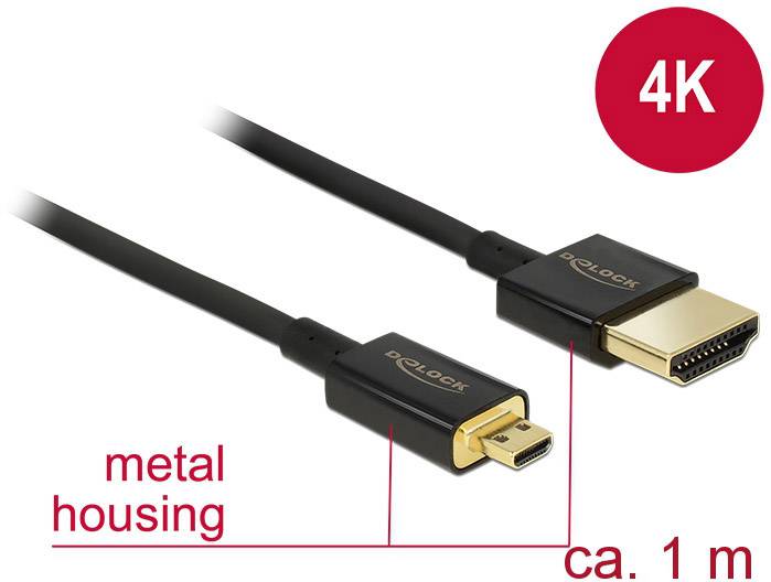 'HDMI kabel s konektory Micro HDMI na HDMI, podporuje 4K, kovový kryt, délka cca 1 m.'
