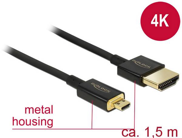 Delock HDMI kabel Zástrčka HDMI-A, Zástrčka HDMI Micro-D 1.50 m černá 84782 4K UHD, pozlacené kontakty HDMI kabel