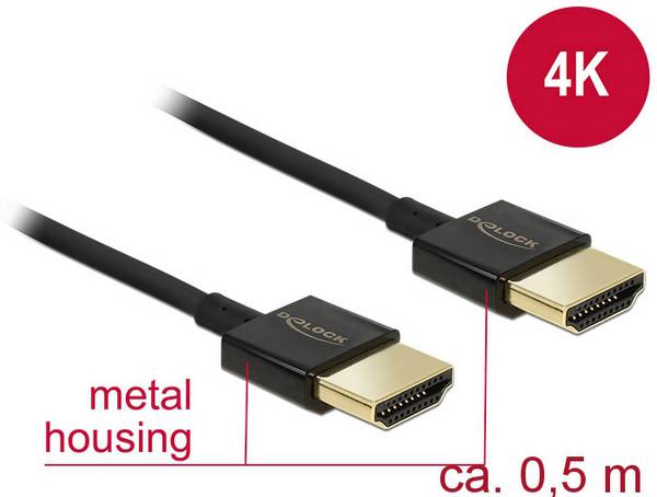 Delock HDMI kabel Zástrčka HDMI-A, Zástrčka HDMI-A 0.50 m černá 84786 4K UHD, pozlacené kontakty HDMI kabel