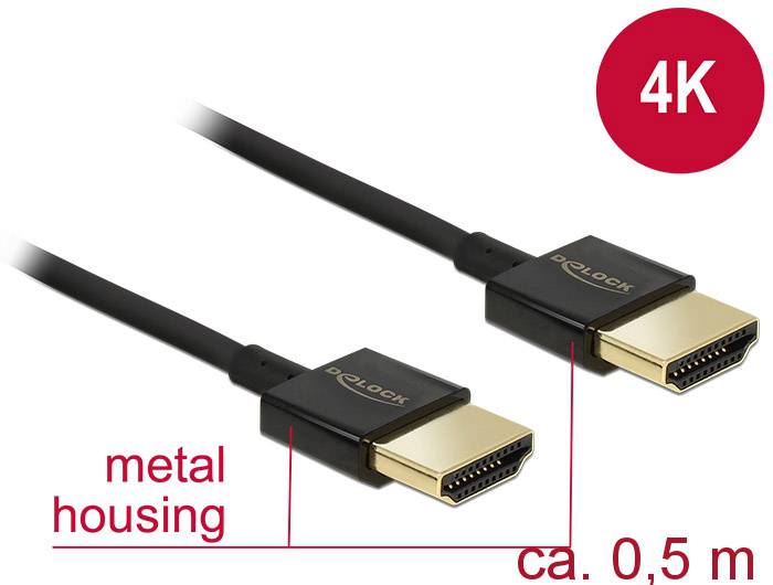 HDMI kabel s kovovým pouzdrem, délka cca 0,5 m, podporuje 4K rozlišení.