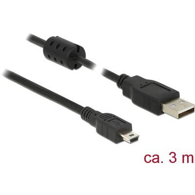 Černý USB kabel s USB-A konektorem na pravé straně a mini-USB konektorem na straně levé, délka přibližně 3 m.