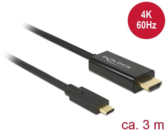 Černý kabel Delock o délce přibližně 3 m, kompatibilní s 4K 60Hz. Vlevo konektor USB-C, vpravo konektor HDMI.