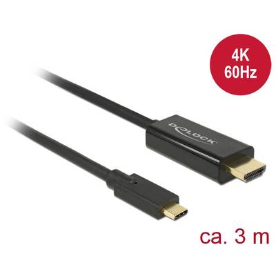 Černý kabel Delock o délce přibližně 3 m, kompatibilní s 4K 60Hz. Vlevo konektor USB-C, vpravo konektor HDMI.