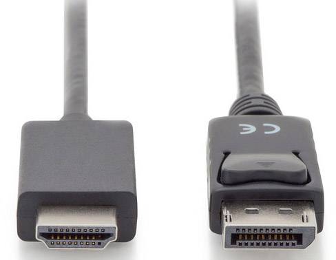 Dva kabely s konektory HDMI a DisplayPort, užitečné pro video připojení počítačů k monitorům nebo televizím.