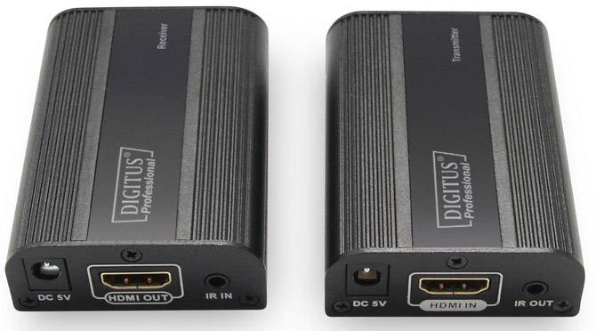 Dva zařízení Digitus, označené jako 'Receiver' a 'Transmitter', s připojovacími body pro DC 5V, HDMI a IR. Jsou navrženy pro přenos HDMI signálů.