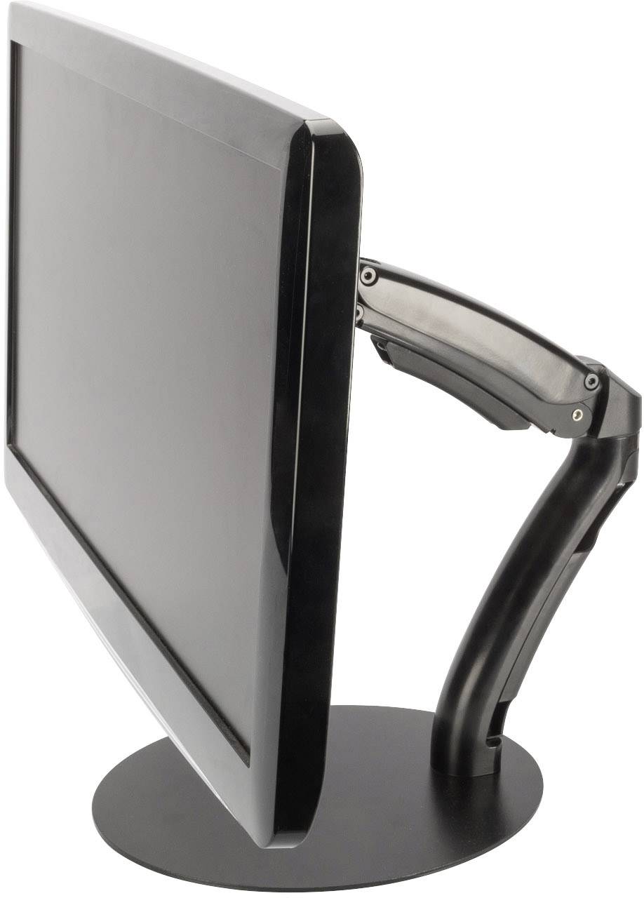 Černý počítačový monitor na stole, mírně pootočený do strany, s nastavitelným stojanem, který poskytuje flexibilitu.