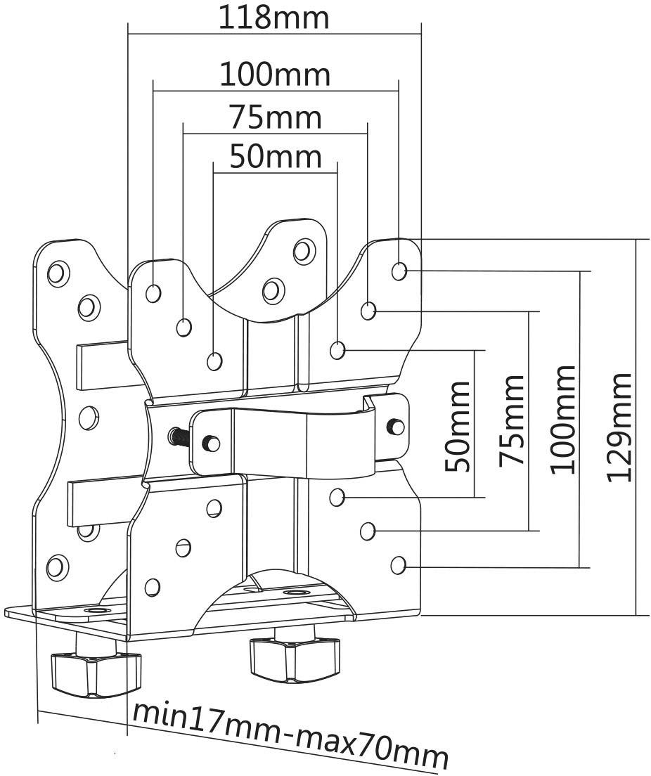 Technický výkres kovového držáku s několika rozměry: šířka 118 mm, výška variabilní, různé díly od 50 mm do 129 mm.