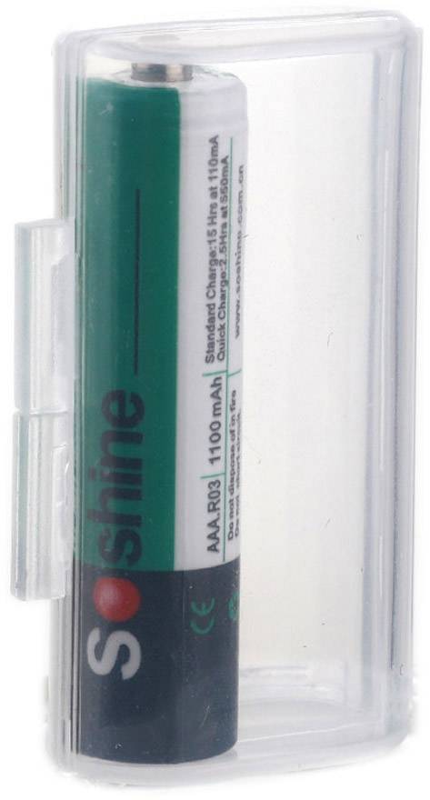 Zelená AA baterie v průhledné plastové krabičce s nápisem SoShine. Maximální kapacita 1100 mAh.