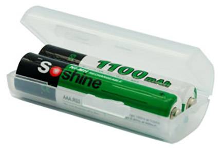 Dva AAA akumulátory v průhledném plastovém pouzdře, jeden označený nápisem 'Soshine' a druhý nápisem '1100 mAh'.