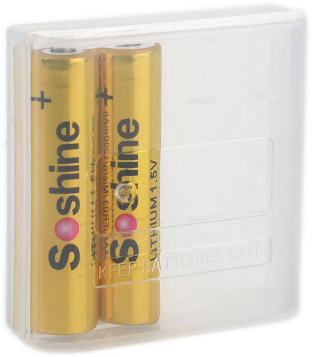 Žluté baterie Soshine v průhledné plastové krabičce. Na bateriích je napsáno 'Lithium 1.5V'.
