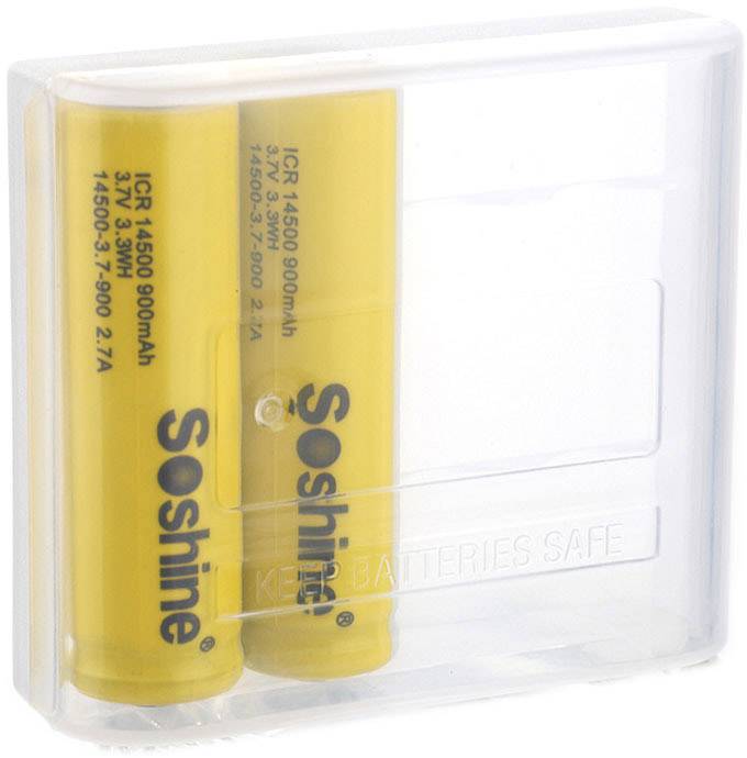 Dva žluté akumulátory značky Soshine s popisem 'ICR 14500 900mAh 3.7V' umístěné vedle sebe v průhledné plastové krabičce.