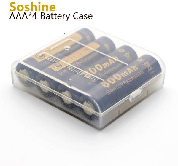 Čtyři AAA baterie v průhledném plastovém pouzdře. Potisk na bateriích: 800mAh, Liten 3.7V dobíjecí.
