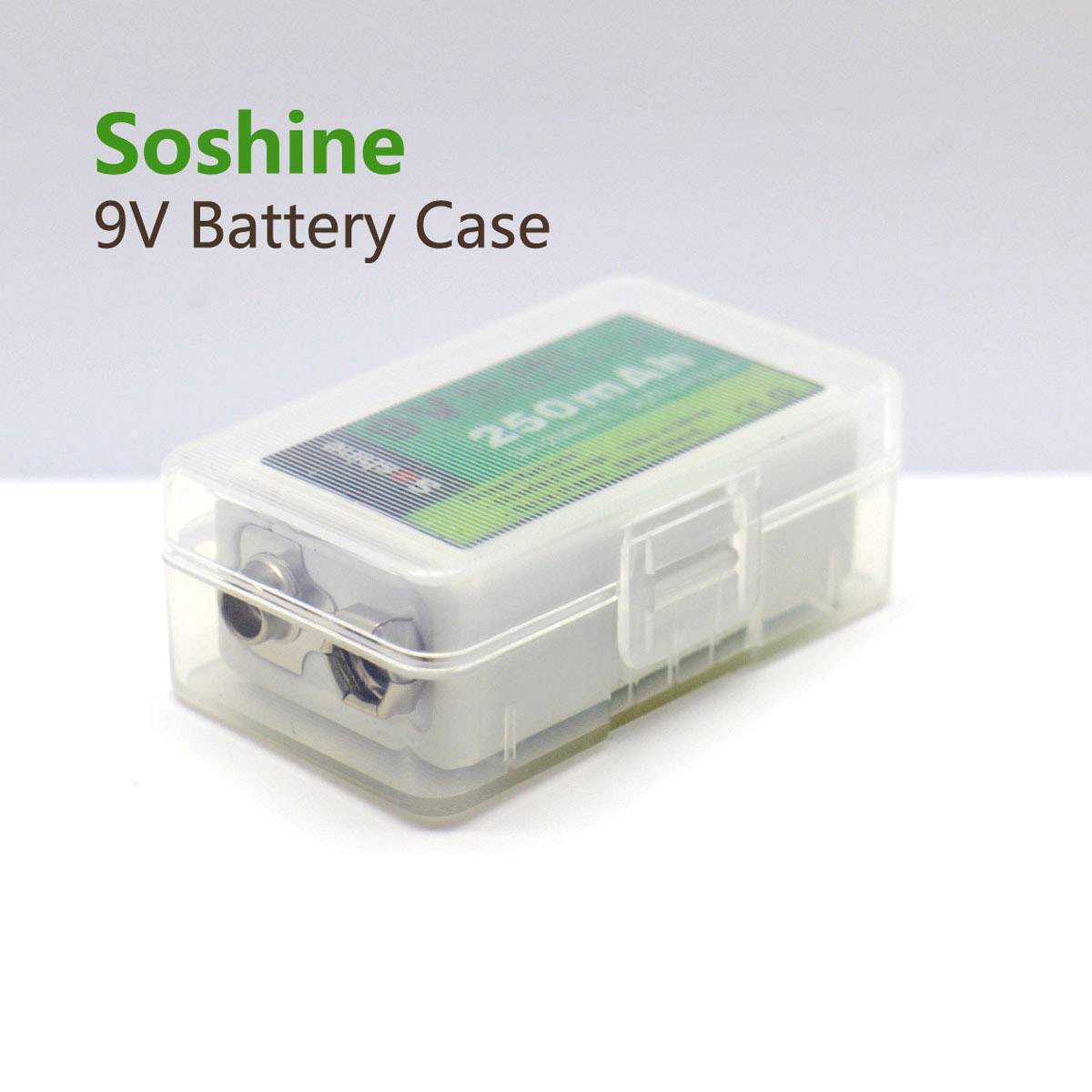 Průhledný plastový box na 9V baterii se zeleným štítkem '250mAh', název značky 'Soshine' vlevo nahoře.