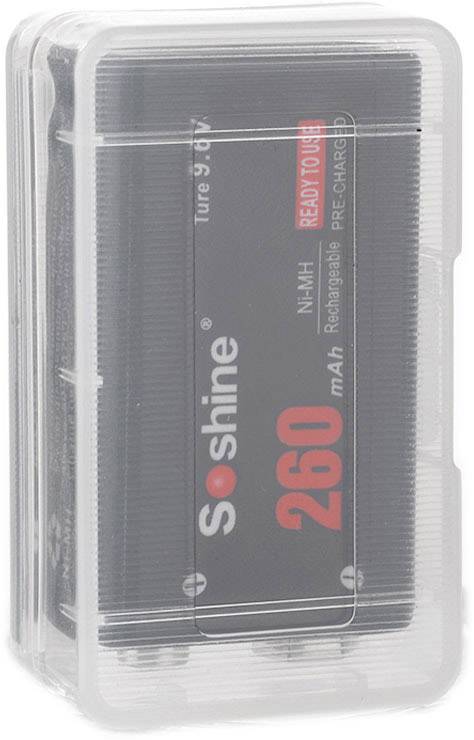 Dobíjecí AA baterie v plastovém obalu, značka 'Soshine', kapacita 260 mAh.