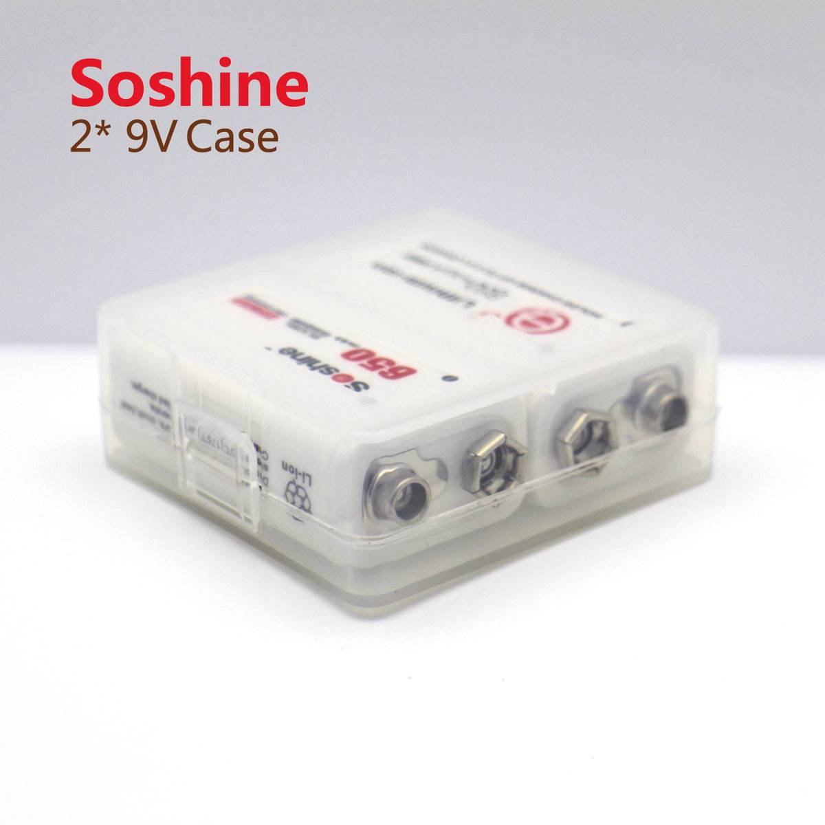 Bílý box na baterie pro dvě 9V baterie, poloprůhledný s kovovými kontakty. Červené logo 'Soshine' a text '2* 9V Case'.