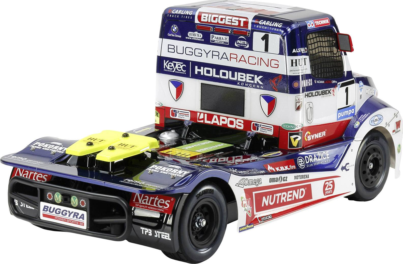 Závodní truck s nápisy několika sponzorů, včetně 'Buggyra Racing' a 'Nutrend'. Je viditelné vozidlo s číslem '1'.