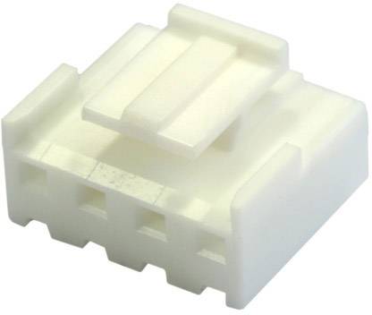 Bílý plastový konektor se čtyřmi kontakty, používaný pro elektronické propojení.