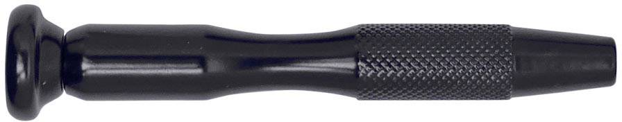 Černá, vroubkovaná rukojeť nástroje, která se často používá pro nástroje jako šroubováky nebo razicí nástroje, leží vodorovně.