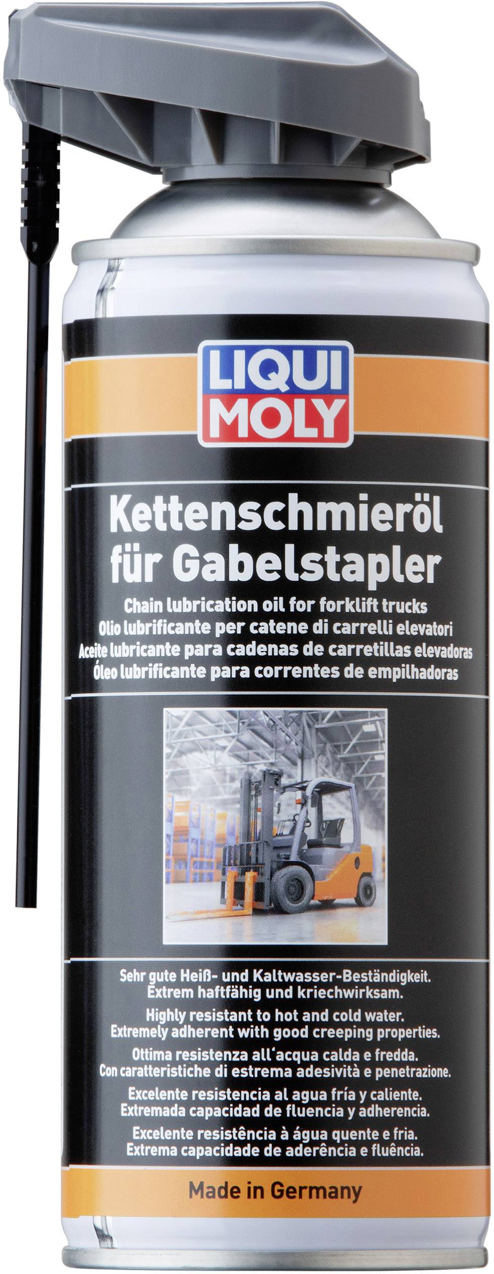 Dávka řetězového oleje na mazání vysokozdvižných vozíků, značka Liqui Moly. Obsahuje popis a pokyny k použití na etiketě.
