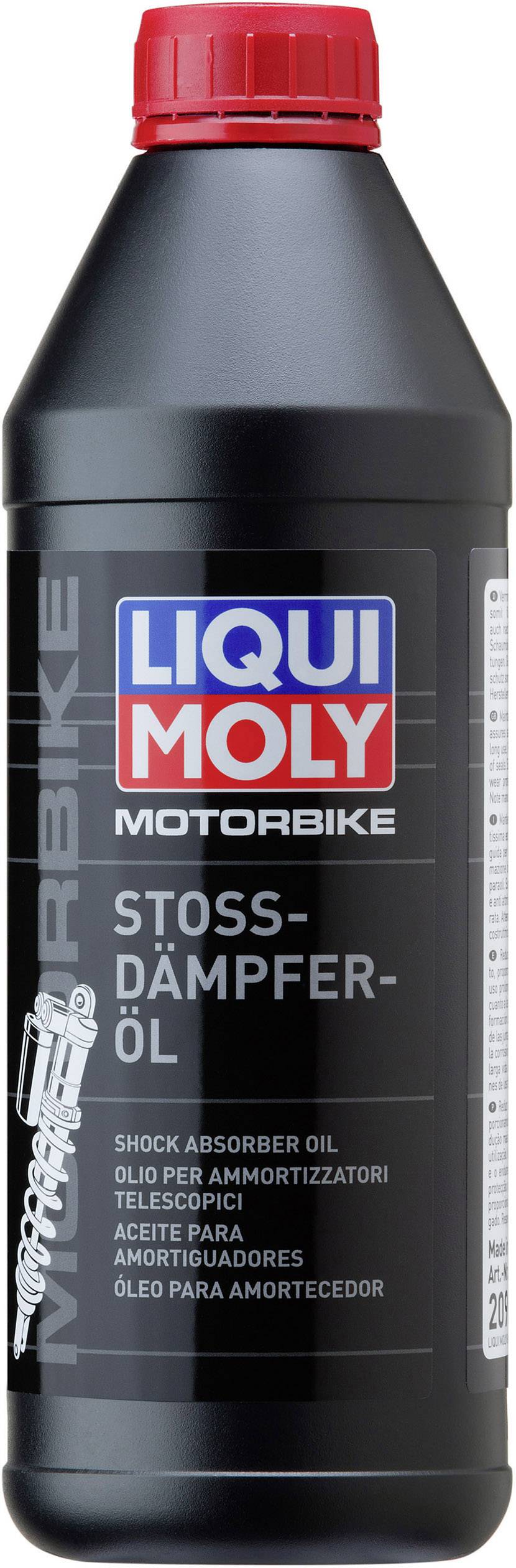 Láhev s olejem Liqui Moly do motocyklových tlumičů, vhodná pro různé tlumičů jednostopých vozidel, s vícejazyčným označením.