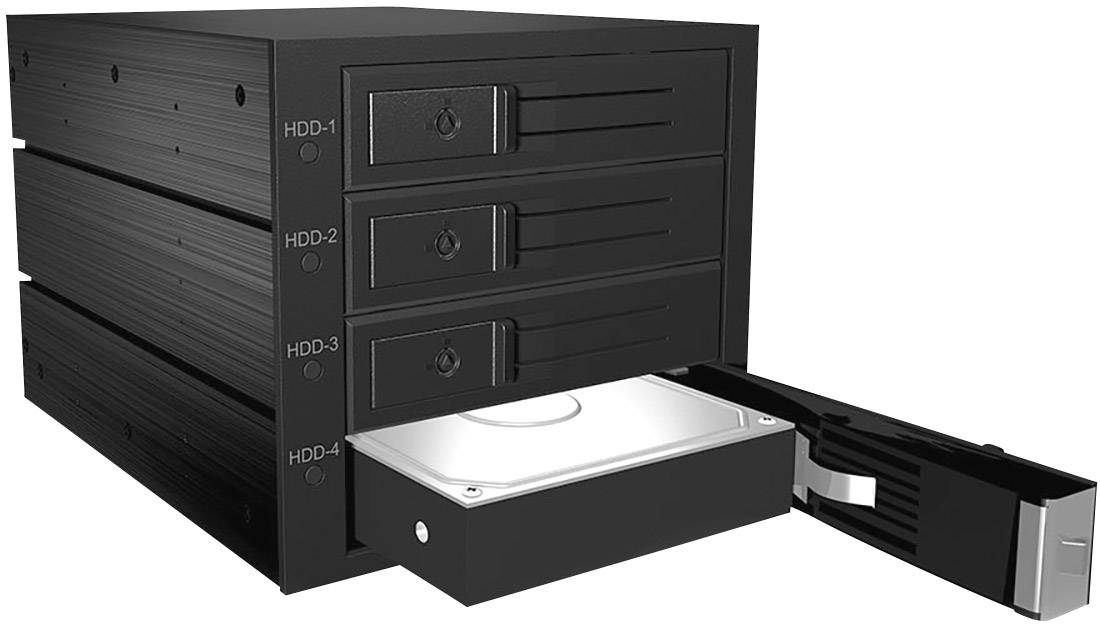 Černý box na pevné disky se čtyřmi pozicemi, jedna z nich otevřená s viditelným diskem. Štítky HDD-1 až HDD-4.