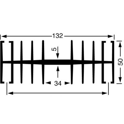 Diagram znázorňuje schematický prvek s osmi rovnoměrně rozmístěnými pruty. Celková šířka je 132, celková výška je 50, mezera uprostřed je 34.