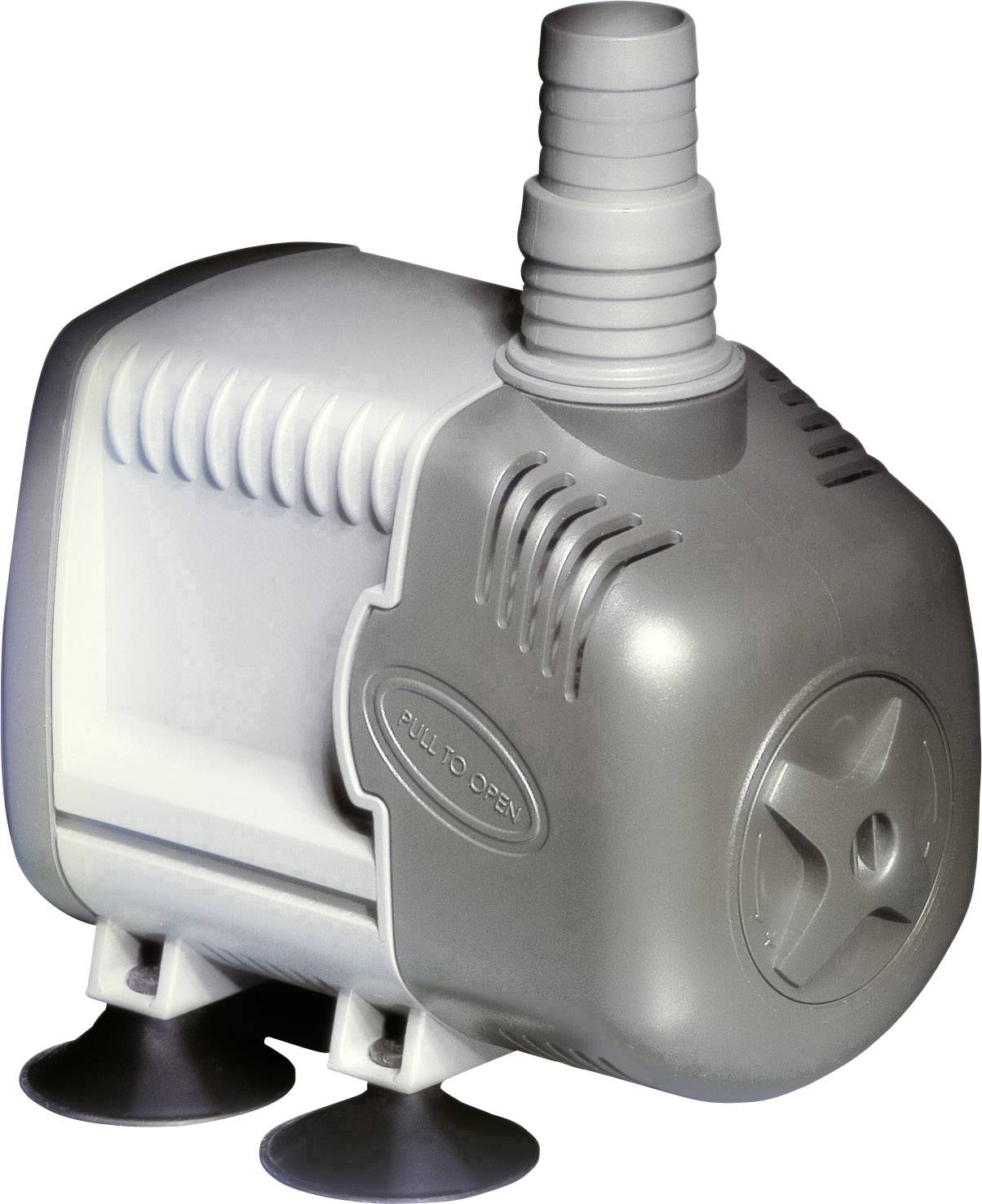 Šedá vodní pumpa se dvěma nohami a připojením hadice nahoře. Má kompaktní, funkční design.