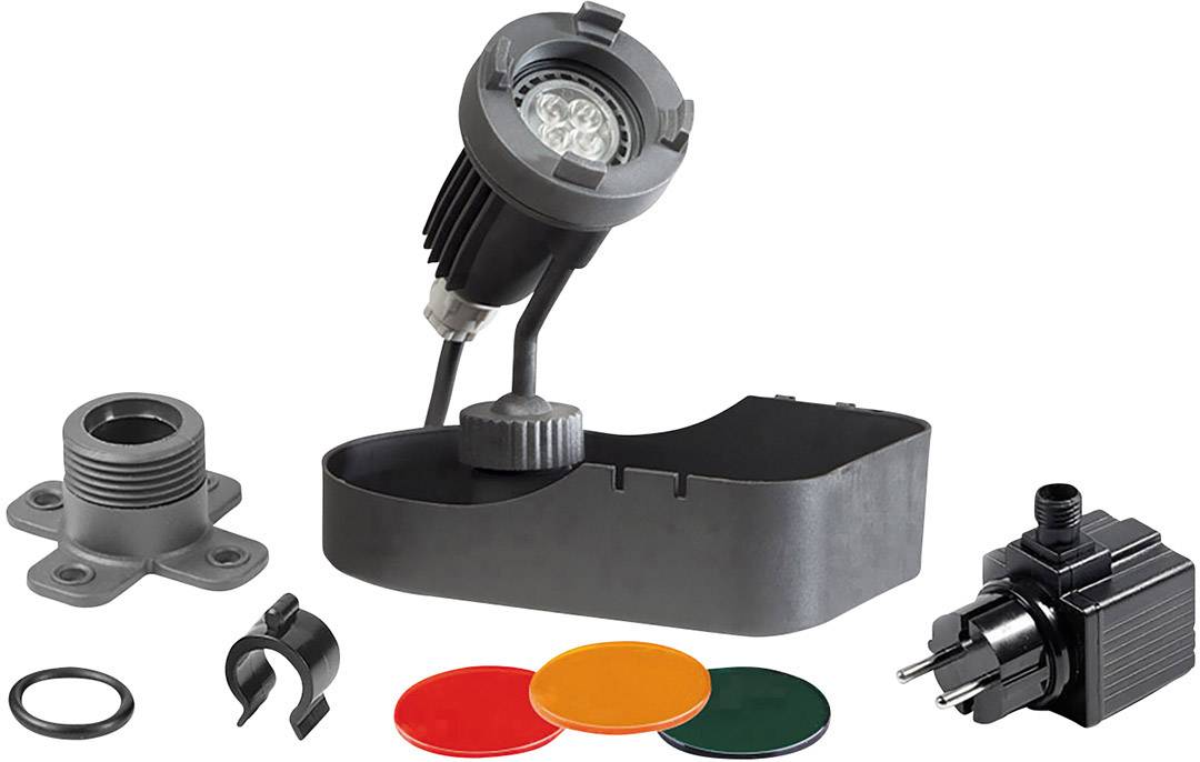 LED zahradní reflektor se sadou obsahující transformátor, montážní stojan, tři barevné filtry a připojovací kabel. Ideální pro vytvoření atmosférického osvětlení.