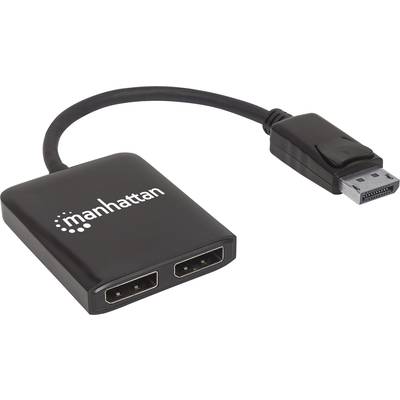 Černý DisplayPort adaptér od Manhattanu se dvěma výstupy pro displej, vhodný pro připojení monitorů k počítači.