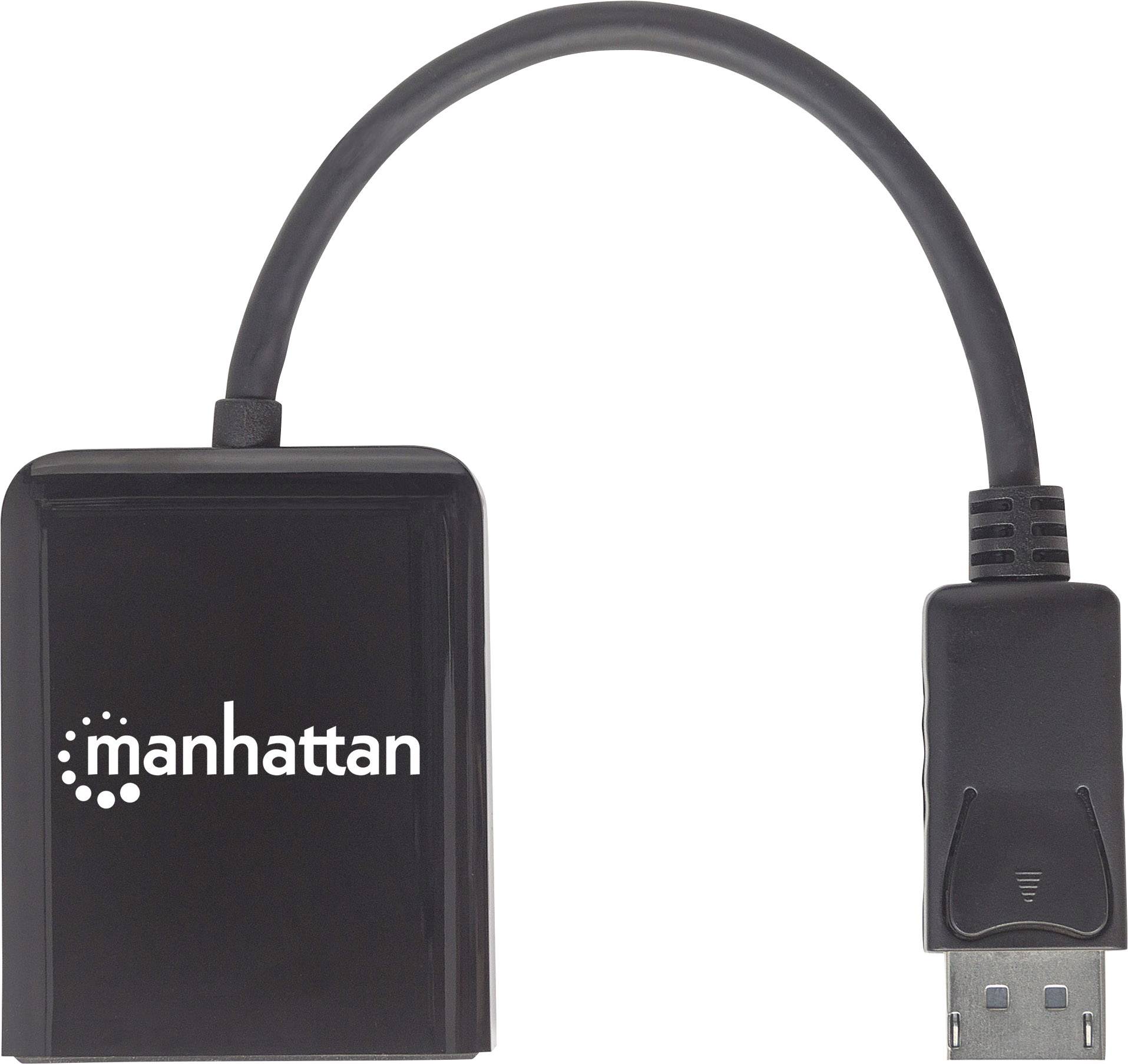Kompaktní černý adaptér s logem 'manhattan' a konektorem DisplayPort, vhodný pro konverzi signálů.