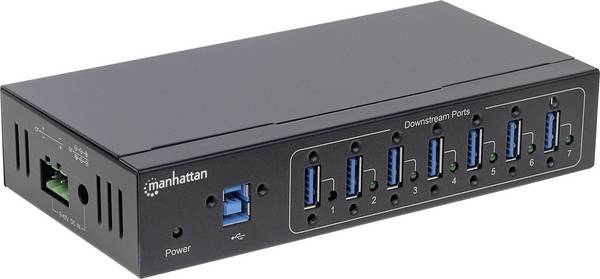 Manhattan 164405 USB Hub 7 portů USB-A USB 3.0 5 GBit/s kovový ukazatel, pro průmyslové použití, pro montáž na zeď černá 164405