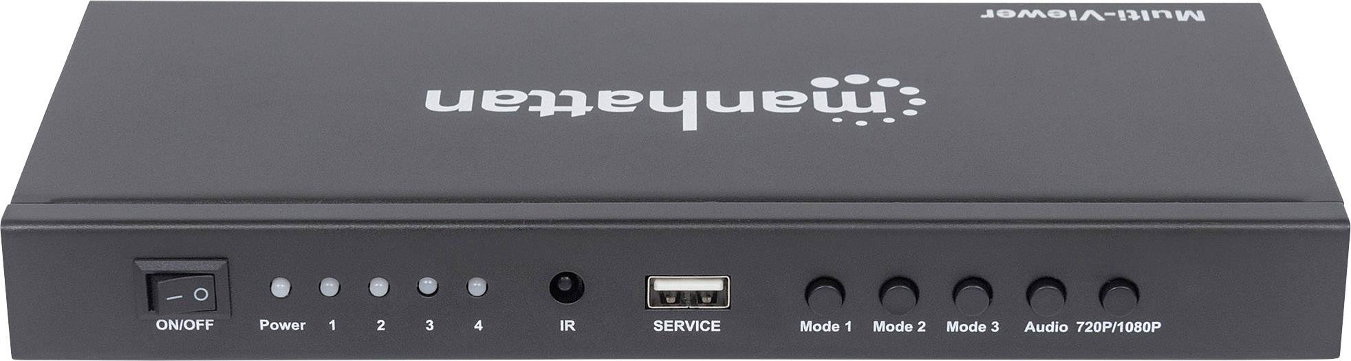 Černé elektronické zařízení s několika porty a tlačítky na přední straně. Nahoře je vyznačena značka 'Manhattan'.