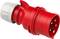 Červený průmyslový konektor s pěti kovovými kolíky v plastovém pouzdře. Vhodný pro vysokonapěťové připojení v průmyslových aplikacích.