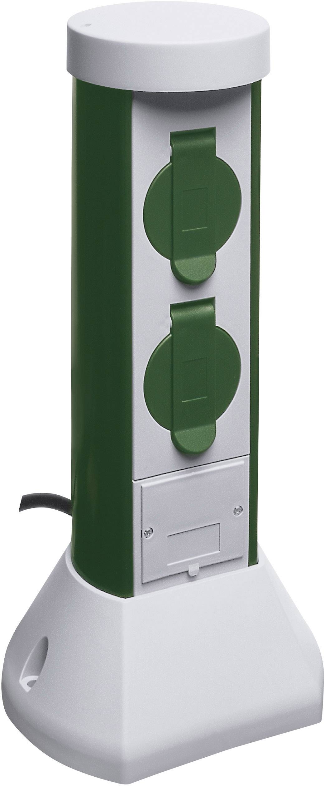 Zelený sloupek zásuvek se dvěma elektrickými zásuvkami a kryty, vhodný pro venkovní použití.