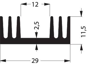 Obrázek součástky s rozměry: šířka 29 mm, výška 11,5 mm, hloubka 12 mm. Orientační šipky a kótovací čáry jsou zobrazeny.