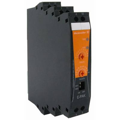 Elektronický modul od Weidmülleru s regulátorem a spínači. Hlavní barvou je černá s oranžovým oddílem.
