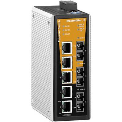 Ethernetový switch od Weidmülleru s šesti ethernetovými porty, stavovými LED diodami pro napájení a chyby, vhodný pro průmyslové aplikace.