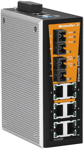 Průmyslový ethernetový switch od Weidmülleru s osmi porty, vhodný pro montáž na DIN lištu v robustním hliníkovém pouzdře.
