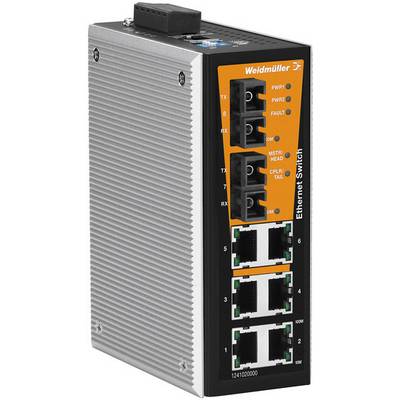 Průmyslový ethernetový switch od Weidmülleru s osmi porty, vhodný pro montáž na DIN lištu v robustním hliníkovém pouzdře.