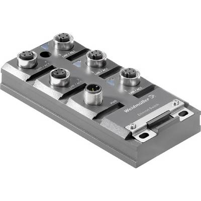 Šedý ethernetový switch od firmy Weidmüller s několika možnostmi připojení, typicky určený pro průmyslové aplikace.