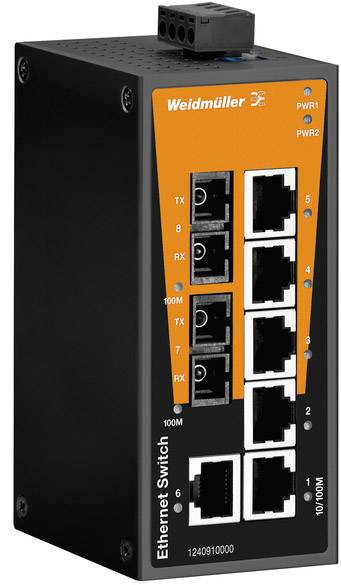 Ethernetový přepínač Weidmüller s osmi RJ45 porty pro síťové připojení. Dvě LED kontrolky pro stav napájení a několik indikačních LED pro připojení a aktivitu.