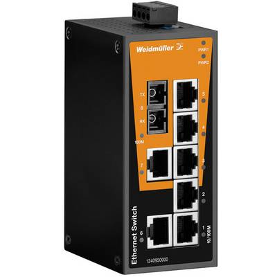Ethernetový switch s osmi porty a LED indikátory pro připojení a napájení, pouzdro v oranžovo-černém provedení, značka Weidmüller.