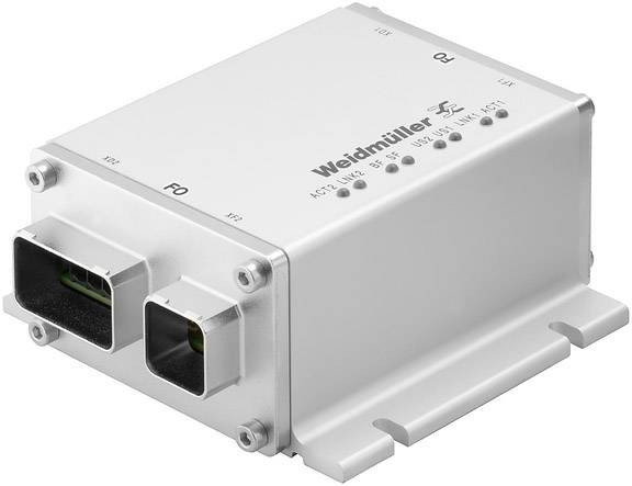 Obdélníkové bílé elektronické zařízení s nápisem 'Weidmüller'. Má dva velké konektorové vstupy a několik stavových indikátorů na horní straně.