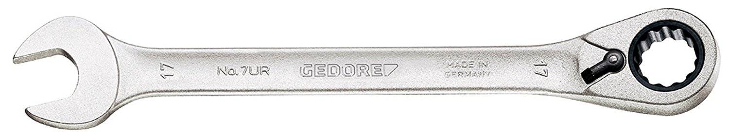 Očkoplochý klíč s ráčnou z chromované oceli, velikost 17, s nápisem 'GEDORE' a 'MADE IN GERMANY'.