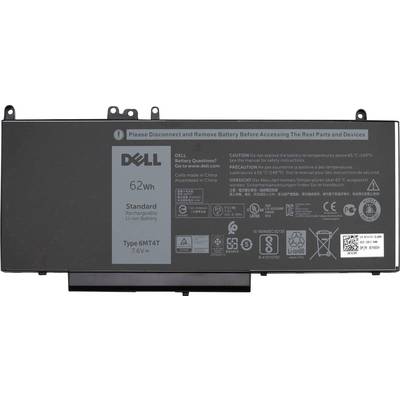Akumulátor Dell, 62Wh, dobíjecí, lithium-iontový, typ 6MT4T, 7,6V. Štítek s bezpečnostními pokyny a místem výroby Čína.