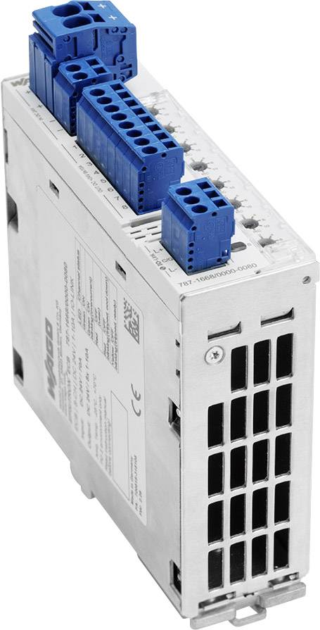 Průmyslové elektronické zařízení s modrými konektory a kovovým rámováním. Vhodné pro řídicí systémy.