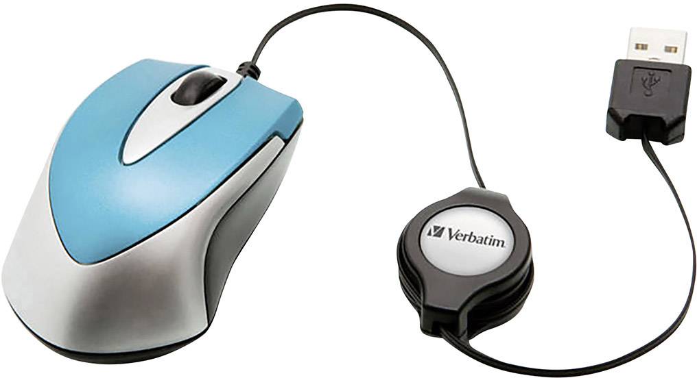 Kabelová počítačová myš od Verbatimu s modro-stříbrným designem a USB připojením.