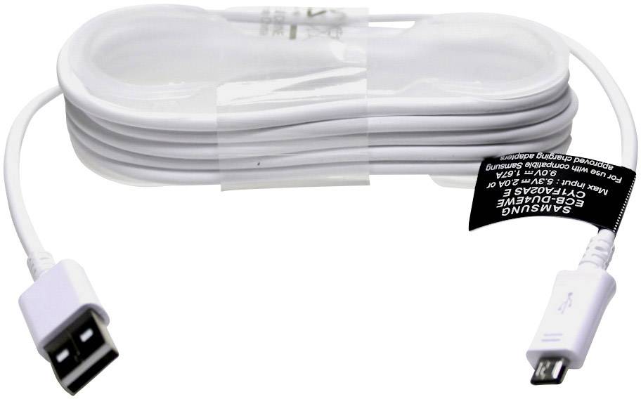Bílý USB-micro USB kabel, smotaný, s černou nálepkou, pravděpodobně vhodný pro zařízení Samsung.