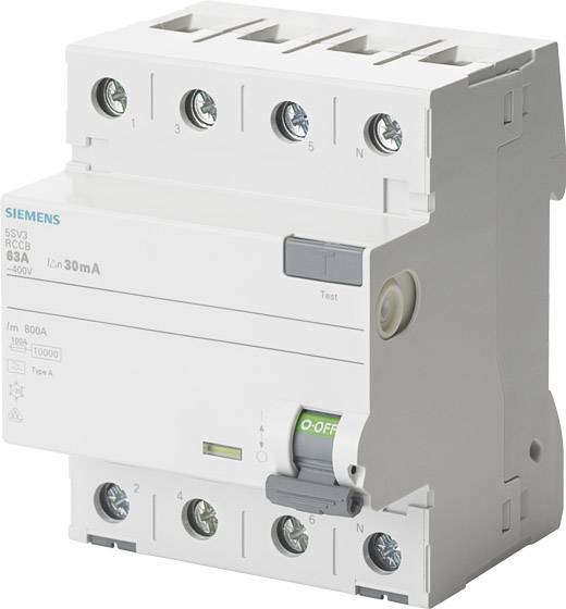 Čtyřpólový proudový chránič FI, 63 A, 30 mA, od společnosti Siemens. Určen k ochraně před elektrickými úrazy v instalačním prostředí.