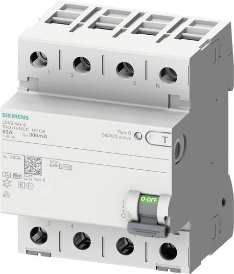Čtyřpólový proudový chránič značky Siemens, model 63A/300mA, určený k prevenci úrazů elektrickým proudem přerušením elektrického obvodu.